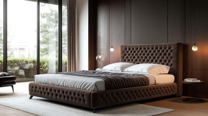 Stylish interior of contemporary bedroom with comfortable bed