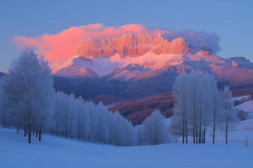Photo r&eacute;aliste professionnelle d&rsquo;une montagne pittoresque avec des arbres saupoudr&eacute;s de neige, un lever de soleil vibrant illuminant les sommets, et une douce nappe de brume dans la vall&eacute;e.