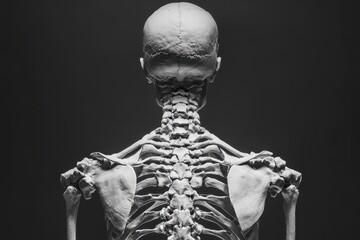 A human skeleton is depicted from the back, showcasing the spine and skull structure in monochrome. The intricate details of the bones emphasize anatomical features.
