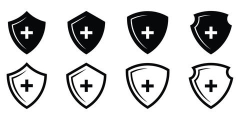 Shield with plus sign icon set. Medical Protection symbol. Healthcare medicine protected guard shield concept vector illustration isolated on white background.