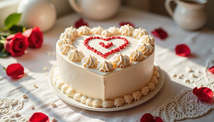 Heart-shaped cake decorated with roses on a festive table