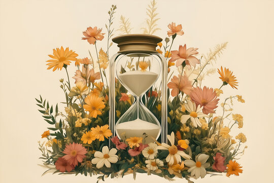 An hourglass surrounded by flowers, symbolizing the healing passage of time after loss