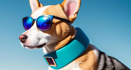 In the front view is a portrait of a cute dog wearing mid-1960s space age fashion, Side view photo, cute dog wearing fashion