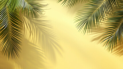 A bright yellow background with natural palm leaves casting soft shadows. Summer concept banner for product presentation.