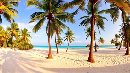 Obraz premium Tropical beach with white sand, turquoise sea, and lush palm trees under a bright blue sky, creating a serene paradise setting. Generative, AI,