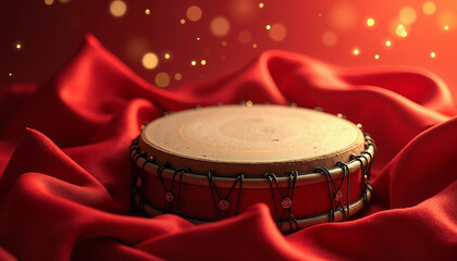 Traditional drum placed elegantly on flowing red silk fabric with sparkling background, red silk fabric, China