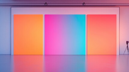 Fototapeta premium A minimalist gallery space featuring three large gradient panels in vibrant hues of pink, blue, and orange, creating a striking visual impact.