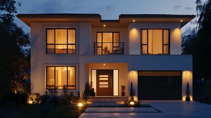 modern simple house design with night lights and a front view, creating a perfect blend of evening charm and architecture