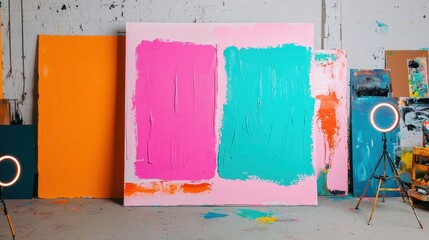 A vibrant art studio featuring bold color blocks of pink and turquoise on a canvas, surrounded by bright walls and artistic tools.