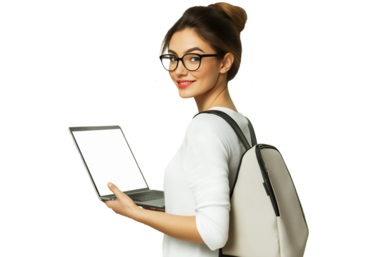 Young female student holding laptop blank screen mockup with white backpack, isolated on white transparent background