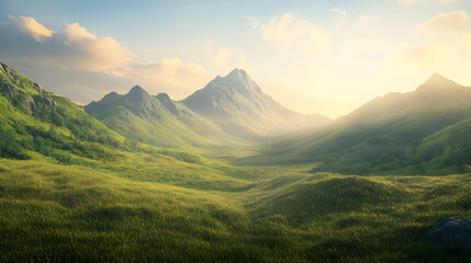 un paisaje con monta&ntilde;as con los rayos de sol sobre ellas en un paisaje majestuoso de la naturaleza panorama despejado en un campo o prado verde