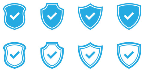 Shield with Check Mark Icon Representing Security and Protection. Vector Shield Icon Set with Tick Sign.