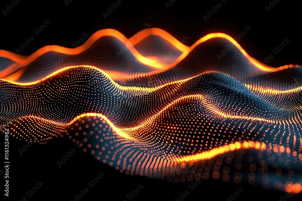 Poster abstract glowing particle wave dynamic energy flow vibrant orange and dark blue hues mesmerizing dig