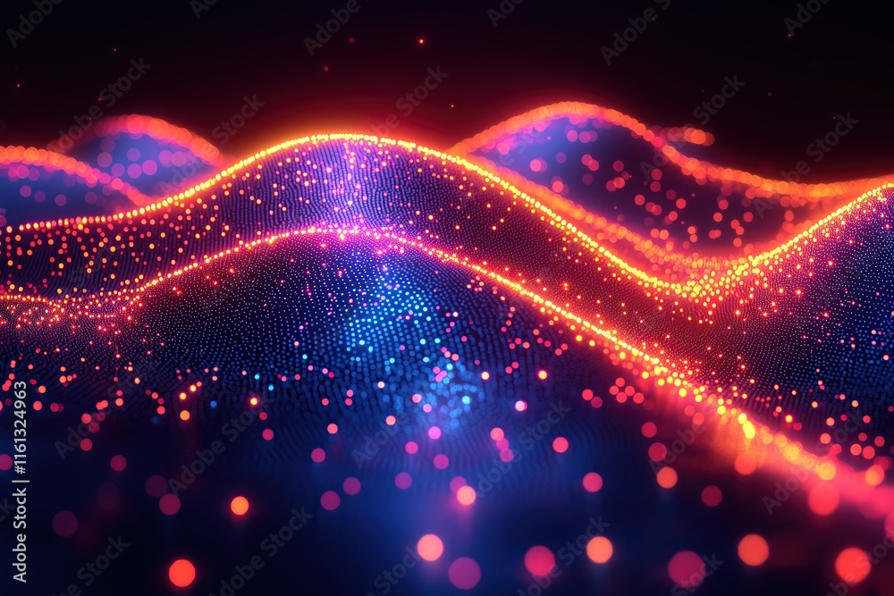 Poster abstract digital landscape with glowing particles forming vibrant undulating waves of blue and orang