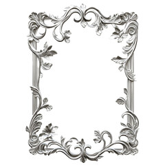 Victorian style frame with delicate floral patterns, metallic silver finish. Isolated on transparent background cut out