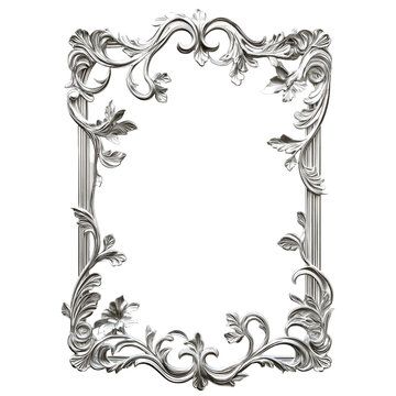 Victorian style frame with delicate floral patterns, metallic silver finish. Isolated on transparent background cut out