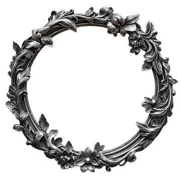 Victorian style frame with delicate floral patterns, metallic silver finish. Isolated on transparent background cut out, circle shape