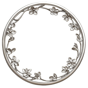 Victorian style frame with delicate floral patterns, metallic silver finish. Isolated on transparent background cut out, circle shape
