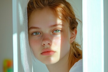 Young woman with freckles and red hair partially hidden behind sheer curtain bathed in sunlight serene expression and soft features create calming atmosphere