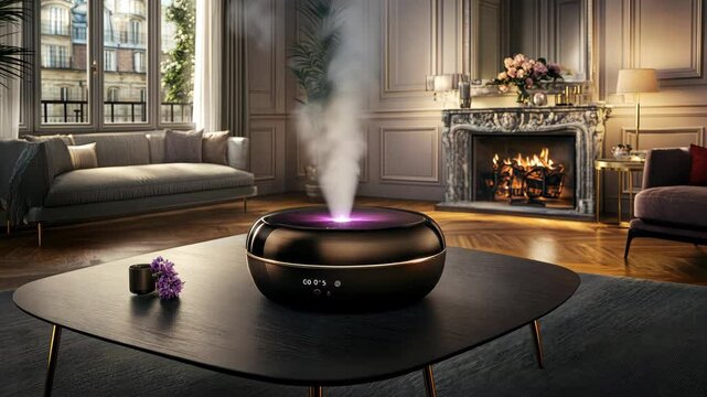 Aromatherapy diffuser releases soothing mist, enhancing relaxation in a chic living room with a welcoming fireplace