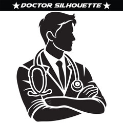 Black silhouette of a doctor or Healthcare Professional with thick outline side view isolated 