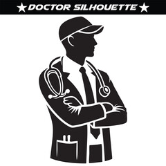 Black silhouette of a doctor or Healthcare Professional with thick outline side view isolated 