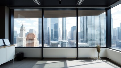Fototapeta premium Modern office interior with large glass windows offering a panoramic view of a cityscape filled with skyscrapers, desks, and computers arranged in a workspace. Generative, AI,