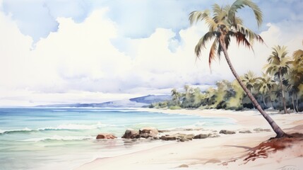Naklejka premium Serene Tropical Beach Watercolor Painting: Palm Trees, Ocean, and White Sand