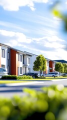 Fototapeta premium Charming Row of Colorful Houses in a Quaint Neighborhood Evoking Warmth and Community Spirit Surrounded by Lush Greenery and Clear Blue Skies