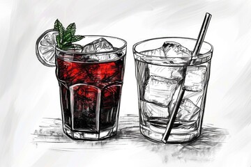 Two different mixed beverages served in glasses with ice and garnish. A casual illustration for relaxation or social occasions.
