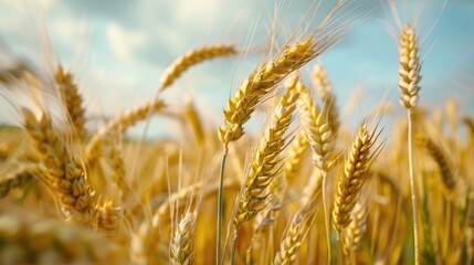 Fototapeta premium Field of golden wheat with a clear blue sky in the background. The wheat is tall and full, with a few weeds scattered throughout. Concept of abundance and growth, as the wheat stands tall