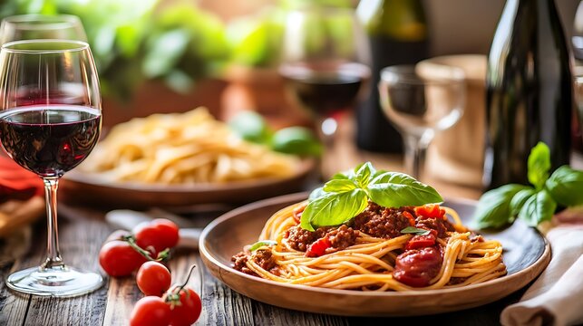 Capture the essence of rustic Italian cooking with a variety of pasta dishes like spaghetti Bolognese and fettuccine. The scene includes red wine, fresh herbs, and a cozy atmosphere of wooden tables.