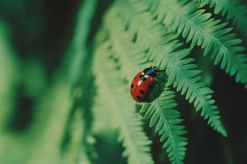 Fototapeta premium A vibrant red ladybug with black spots is perched on a lush green fern leaf. Sunlight filters through the leaves, highlighting the delicate texture and color contrast in a serene garden.