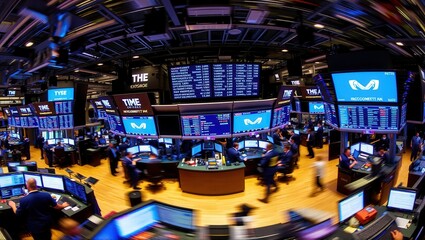 A vibrant and bustling stock exchange trading floor with numerous monitors displaying market data, traders working at desks, and illuminated NYSE signage. Generative, AI,