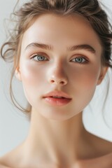 A woman's face looking directly at the camera with a soft, natural makeup look and smooth, radiant complexion.