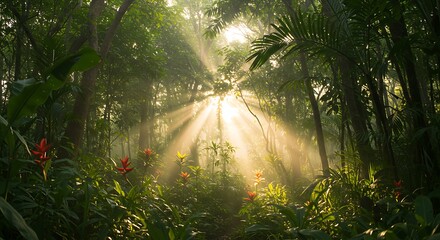 Obraz premium Vibrant lush tropical forest with sunbeams filtering through dense foliage, concept for environmental conservation, travel brochure and nature photography