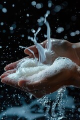 Fototapeta premium The image depicts a person washing their hands with soap. Foamy suds are being formed and are flying through the air, suggesting vigorous handwashing.