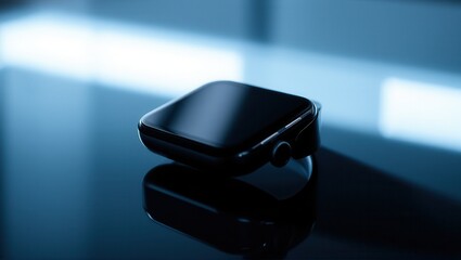 Close-up of a sleek black smartwatch resting on a reflective surface, symbolizing modern technology, wearable devices, and minimalistic design. Generative, AI,