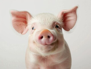 A young, light-colored piglet with a smile on its face, suggesting a friendly and content demeanor.