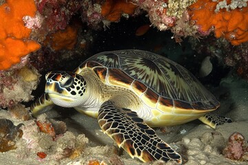 Fototapeta premium A sea turtle swims gracefully among colorful coral formations in a tropical underwater paradise. The sunlight filters through the water, illuminating vivid marine life.