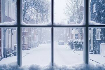 Soft, white snow covers the ground and rooftops, creating a serene winter landscape outside a window in a suburban area. The street appears calm and inviting.