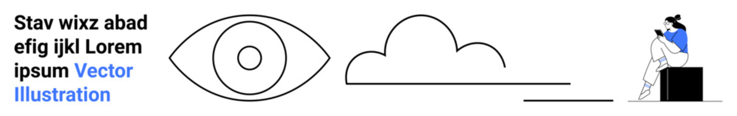 Woman reading on a box, eye symbol, cloud illustration, placeholder text. Ideal for education, mindfulness, self-improvement, graphic design minimalism tech and branding concepts. Landing page