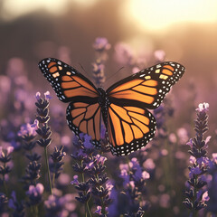 Obraz premium Flying Monarch Butterfly Lavender Field