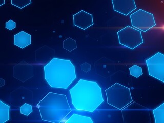 A digital abstract background featuring glowing hexagonal shapes in blue tones.