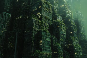 Obraz premium Futuristic buildings covered in greenery create a striking contrast against a dimly lit twilight sky.