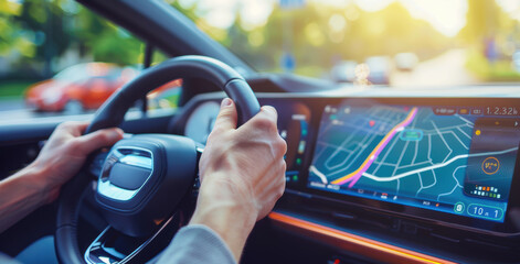 Driver Holding a Steering Wheel and Navigating with Modern Car GPS System