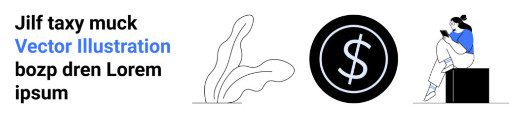 Woman sitting and reading on a box, two abstract leaves, and a dollar coin. Ideal for finance, education, minimalism, modern design, digital content reading themes marketing. Landing page