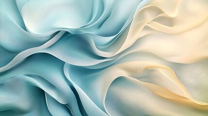 Obraz premium Elegant and calming abstract illustration of flowing chiffon waves in light blue and beige. Soft curves create a tranquil composition. Ideal for designs needing a peaceful and graceful aesthetic.