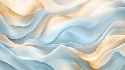 Obraz premium Elegant and calming abstract illustration of flowing chiffon waves in light blue and beige. Soft curves create a tranquil composition. Ideal for designs needing a peaceful and graceful aesthetic.