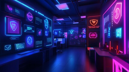 Futuristic Cybersecurity Office with Neon Lights and Digital Displays